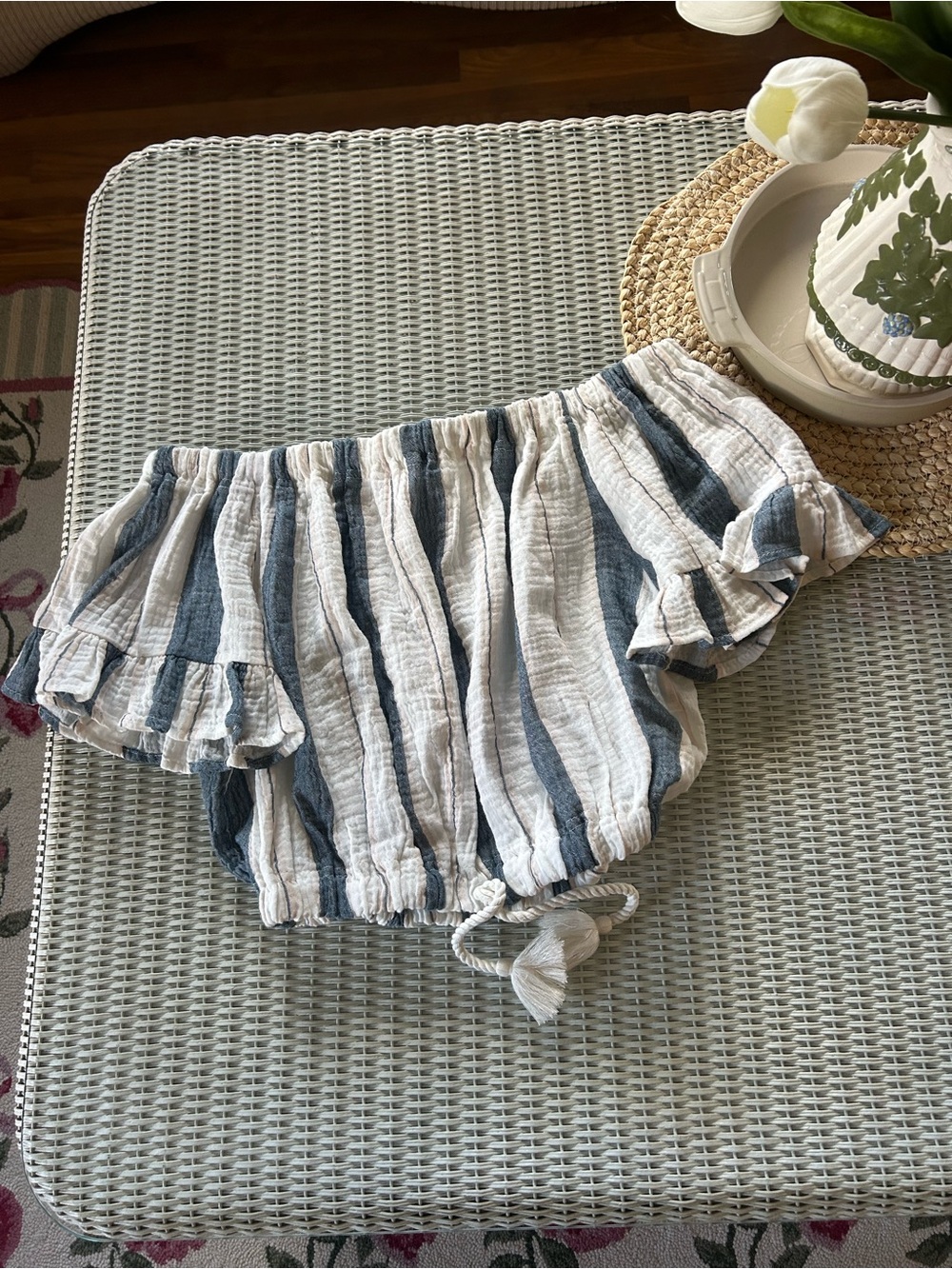 Ocean Drive Blue and White Striped Off-the-Shoulder Shorts with Ruffle